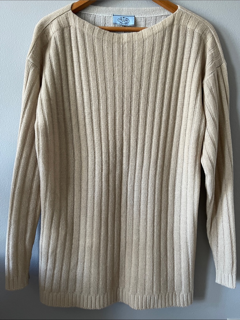 Prada Lana Wool Boatneck Cream Ribbed Crewneck Sweater Large quiet luxury